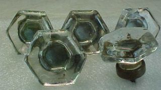 Set Of 5 Vintage Brass & Glass Hexagon Drawer Pulls / Handle 1 3/8 "