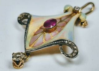 Antique Circa 1880 Art Nouveau 14k Gold Plique - A - Jour With Ruby Diamond Pendant