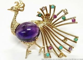 Vintage 14k Gold Pin Amethyst Jelly Belly Diamond Eye Peacock Persian Turquoise