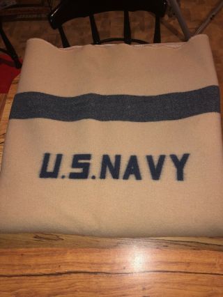 Vintage Us Navy Wool Blanket 100” X 70” Circa Ww Ii Guc Beige & Blue
