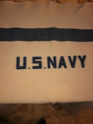 Vintage US NAVY Wool Blanket 100” x 70” Circa WW II GUC Beige & Blue 5