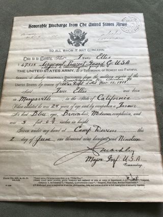 U.  S.  Army Ww1 Enlistment 6 - 15 - 17 Honorable Discharge Paper June 2,  1919 Form 525