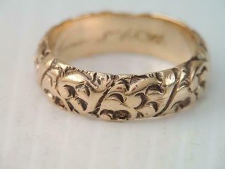 Antique 1893 Wide Victorian Carved Solid 14k Gold Wedding Band Ring Gorgeous
