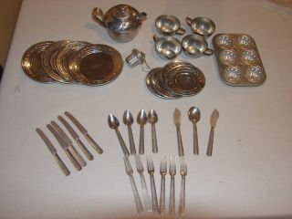 Vintage Child Aluminum Tin Dish Set,  Teapot Silverware Dishes Cups Baking Tin