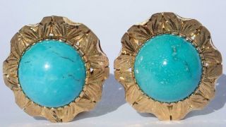 Lovely Big Antique Victorian 18k Gold Turquoise Cabochon Floral Post Earrings