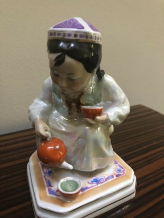 Soviet Russian Dulevo Porcelain Figurine Uzbek Girl With Teapot
