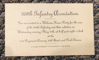 1919 308th Infantry Welcome Home Party Invitation 77th Division Ww1