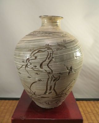Vintage Korean Buncheong White Slip Glazed Ceramic Vase Cranes Trees Korea 6.  25 "