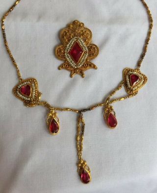 Antique 22k Gold Red Spinel Gemstone Edwardian Festoon Necklace Brooch Set