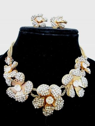 Vintage Miriam Haskell Large Gold Gilt Collar Necklace With Clip Earrings