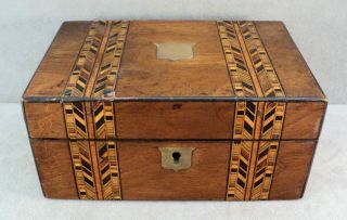 Antique Inlaid Marquetry Wood Jewelry Box Casket Small Chest Brass Shield 1800s
