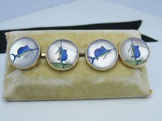 Antique Art Deco 14k Gold Reverse Carved Rock Crystal Enamel Cufflinks Sailfish