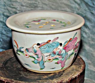 antique chinese famille rose tea cup w/lid wax seal mark painted court scene 6