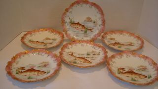 Antique Fish Plates 8 " Pink & Gold Rims Set Of 6 Austrian