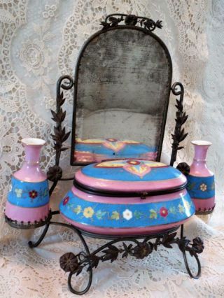 French Ormolu Hand Painted Vanity Mirror Scent Shaving Trinket Casket Box Tlc