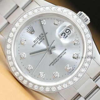 Rolex Mens 34mm Oyster Perpetual Date 18k White Gold Diamond Steel Watch