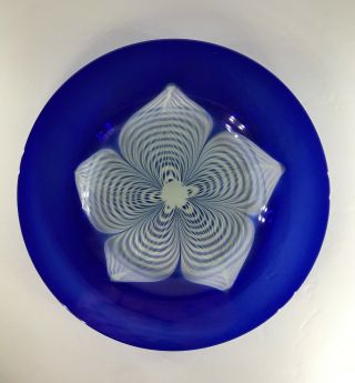 Durand Antique Art Glass Plate,  Cobalt Blue With White Pulled Feather Design