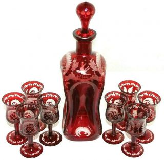 Antique 19th C.  Bohemian Ruby Cut To Clear Pinched Glass Decanter W/ 8 Cordials.