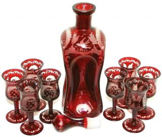ANTIQUE 19TH C.  BOHEMIAN RUBY CUT TO CLEAR PINCHED GLASS DECANTER W/ 8 CORDIALS. 3