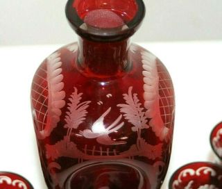 ANTIQUE 19TH C.  BOHEMIAN RUBY CUT TO CLEAR PINCHED GLASS DECANTER W/ 8 CORDIALS. 4