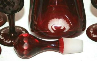 ANTIQUE 19TH C.  BOHEMIAN RUBY CUT TO CLEAR PINCHED GLASS DECANTER W/ 8 CORDIALS. 6