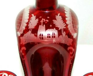 ANTIQUE 19TH C.  BOHEMIAN RUBY CUT TO CLEAR PINCHED GLASS DECANTER W/ 8 CORDIALS. 8