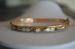 Antique Edwardian 14k Yellow Rose Gold Diamond Sapphire Bow Bangle Bracelet 1912