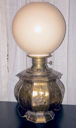 22” Antique Gwtw Parlor Oil Lamp Ormolu Embossed Cast Metal Brass Copper Huge