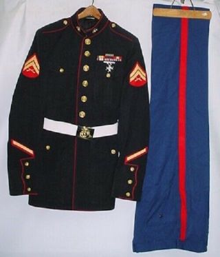 Usmc Enlisted Dress Blue Uniform W/ Ribbons & Badge