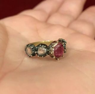 Antique Georgian 18th Century Dutch Rose Cut Diamond & Ruby Gold Ring