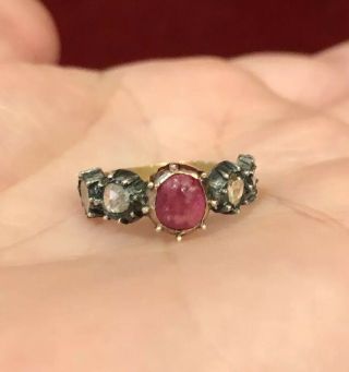 Antique Georgian 18th Century Dutch Rose Cut Diamond & Ruby Gold Ring 2