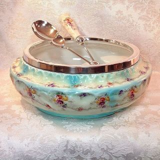 Rare Antique Victorian English Porcelain Serving Bowl W/ Silver Trim & Servers