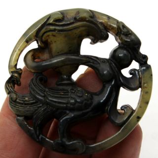 P367 Antique Chinese Old Jade Hand - Carved Dragon & Phoenix Amulet Pendants 2.  1 "