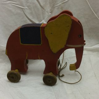 Vintage Wooden Elephant Pull Toy Rolling Toy