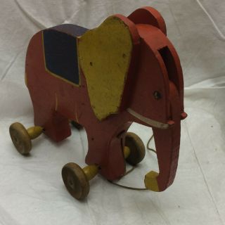 Vintage Wooden Elephant Pull Toy Rolling Toy 2