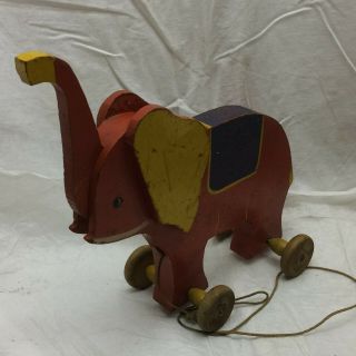 Vintage Wooden Elephant Pull Toy Rolling Toy 4