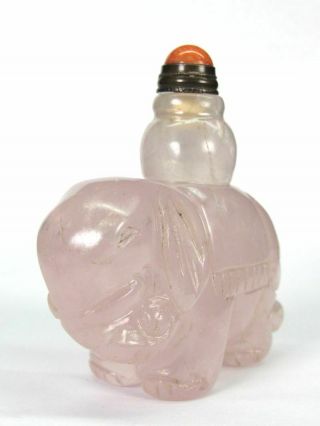 Chinese Elephant Carved Natural Pink Quartz Crystal Snuff Bottle 2