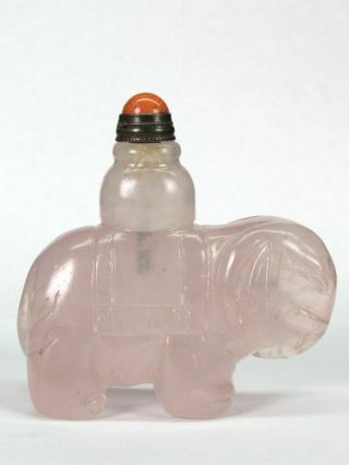 Chinese Elephant Carved Natural Pink Quartz Crystal Snuff Bottle 3