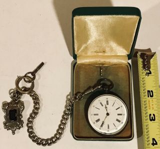 Antique Vintage Cylindre Swiss Huit Rubis.  800 Silver Pocket Watch W/ Key & Fob