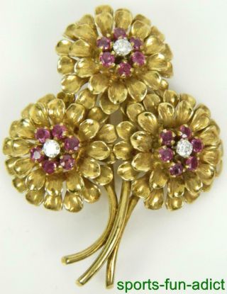 Vtg Tiffany & Co 18k Gold Vs/f Diamond & Ruby Daisy Floral Bouquet Pin Brooch