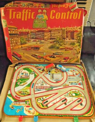 Vintage German Technofix Traffic Control 295 2 Vehicles Tin Toy Box Windup Car