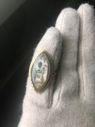 Antique Georgian 16k Sepia Navette Mourning Ring C.  1785 Maiden - Plinth - Pearls