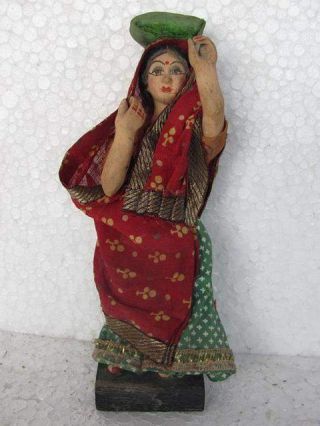 Vintage Clay Indian Woman In Saree Doll Toy On Stand