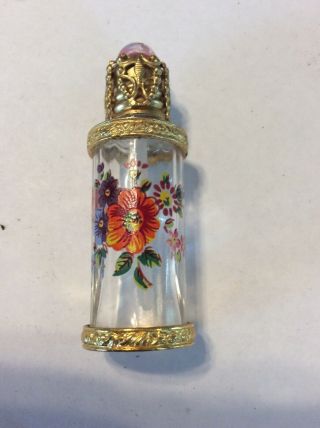 Antique French Glass Perfume Bottle Miniature Transfer Floral Design 14