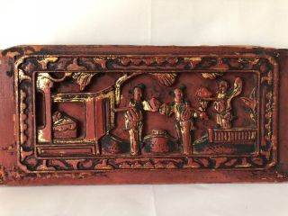 Antique Chinese Carved Hand Painted Wood Panel w Export Stamp ca: early 1900 ' s 3