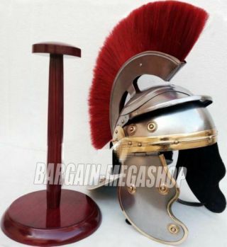 Medieval Centurion Reenactment Roman Helmet Armor Red Plume With Wooden Stand