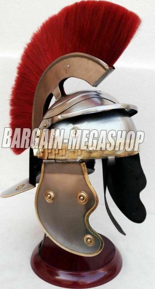 Medieval Centurion Reenactment Roman Helmet Armor Red Plume With Wooden Stand 2