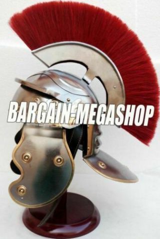 Medieval Centurion Reenactment Roman Helmet Armor Red Plume With Wooden Stand 3