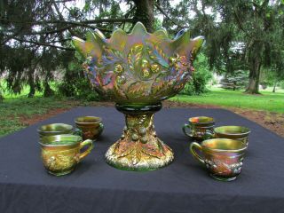 Northwood Acorn Burrs Antique Carnival Glass Complete 8 Pc.  Punch Set Green