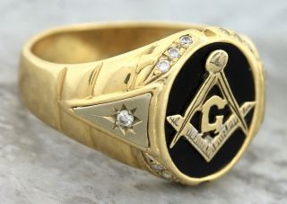 Men ' s Vintage 14K Yellow Gold Blue Lodge Members Diamond Black Masonic Band Ring 2